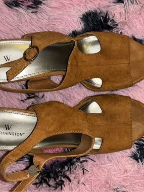 Worthington Cognac Suede Open-Toe Slingback Heels